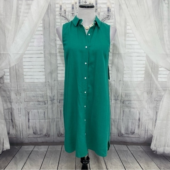 Jessica Howard Size 8 Petite 8P Solid Green Button Front Linen Mini Shirt Dress - Picture 5 of 13